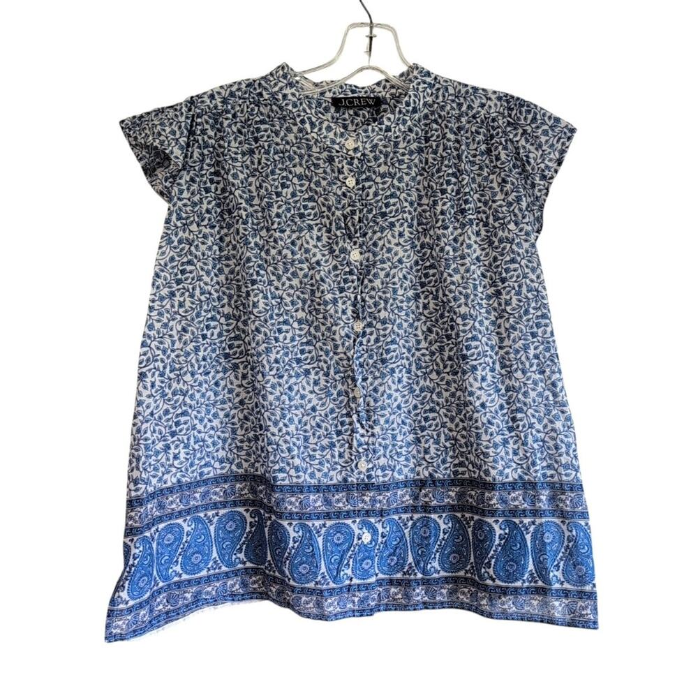 J Crew Flutter Sleeve Button Up Shirt in Bandana Block Print Preppy Summer Boho